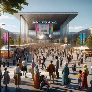 A busy outdoor fair entrance with visitors of all ages arriving on a sunny day, colorful banners and food trucks in front of a modern exhibition building, creating a festive and welcoming atmosphere.
