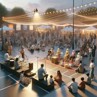 Foire animée en soirée avec concert, ateliers participatifs et enfants jouant, ambiance familiale sous éclairages chaleureux.