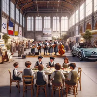 Foire animée à Rennes avec un groupe breton sur scène, des enfants à un atelier, des visiteurs près de voitures hybrides, ambiance conviviale et lumière naturelle