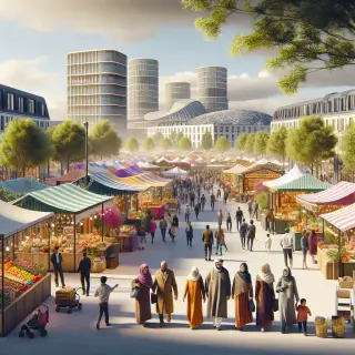 Foire de Rennes avec des visiteurs et des stands variés dans le parc des expositions sous un ciel printanier.