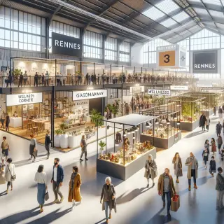 Foire de Rennes dans un hall moderne avec divers stands, visiteurs de tous âges découvrant mobilier, gastronomie, artisanat et innovations.
