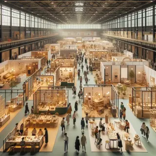 Foire intérieure animée avec divers stands, visiteurs discutant avec exposants, et espace de restauration convivial dans une atmosphère lumineuse et chaleureuse.