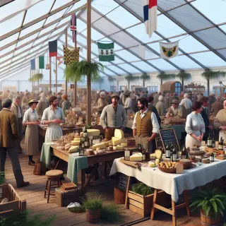 foire régionale bretonne sous un grand chapiteau avec stands de produits locaux, producteurs échangeant avec visiteurs dans une ambiance conviviale