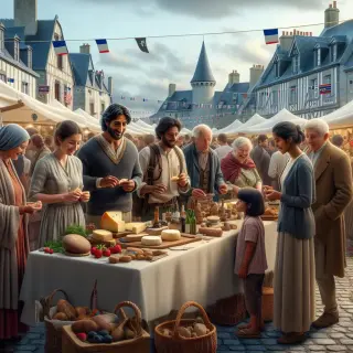 Foire régionale en extérieur avec divers stands, familles, professionnels et amateurs de gastronomie dans une atmosphère conviviale en Bretagne.