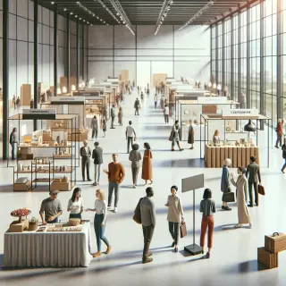Grand espace d’exposition avec plusieurs stands, exposants et visiteurs en pleine conversation, produits artisanaux et innovations présentés sous une lumière naturelle conviviale.