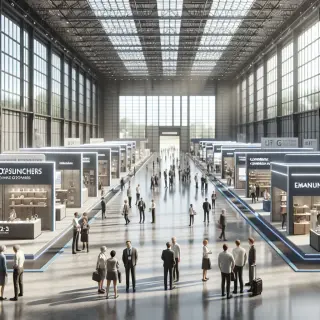 Grand hall d’exposition moderne avec lumière naturelle, stands de différents métiers, plusieurs visiteurs discutant dans une ambiance professionnelle animée.