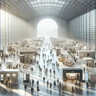 Grand hall lumineux d’exposition, avec de larges stands modernes répartis sur un vaste espace, une cinquantaine de personnes discutant ou visitant paisiblement, ambiance professionnelle et organisée.