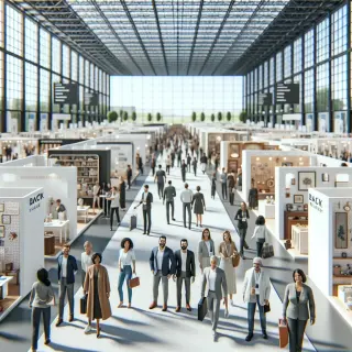 Grande foire moderne en intérieur, allées animées entre des stands variés, visiteurs et exposants discutant, lumière naturelle et ambiance professionnelle conviviale.