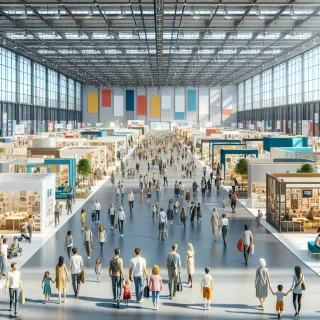 Grande halle d’exposition avec des stands colorés, beaucoup de visiteurs marchant dans les allées d’une foire commerciale, éclairage naturel et ambiance animée au Parc Expo de Rennes.
