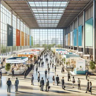 Grande salle d’exposition lumineuse avec de nombreux stands, des exposants et des visiteurs, ambiance conviviale et professionnelle.