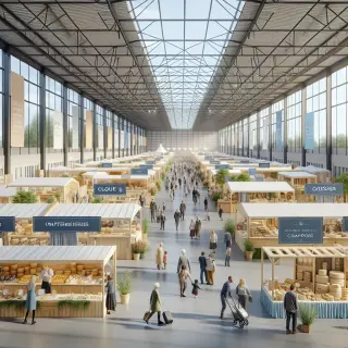 Hall d’exposition animé avec de nombreux visiteurs parcourant des stands de produits locaux au Parc Expo de Rennes, dans une ambiance conviviale et lumineuse.