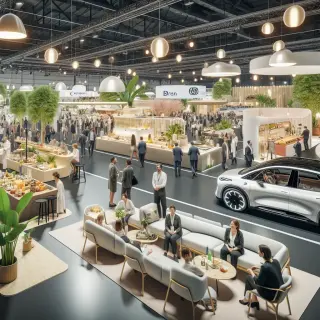 Hall d’exposition de foire avec stands de mobilier, gastronomie bretonne, voitures électriques, espace bien-être et visiteurs en discussion