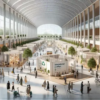 Hall d'exposition lumineux avec des visiteurs qui découvrent des stands d'artisanat international, un stand de recyclage, et des espaces dédiés à la mobilité douce, dans une atmosphère conviviale et professionnelle.