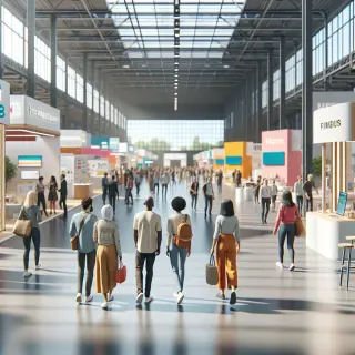 Hall d'exposition lumineux avec visiteurs marchant entre les stands colorés pendant la Foire de Rennes