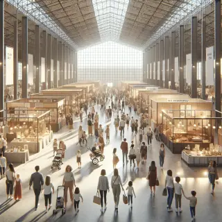 Hall d'exposition rempli de visiteurs et exposants, ambiance conviviale de foire, stands modernes, familles et acheteurs