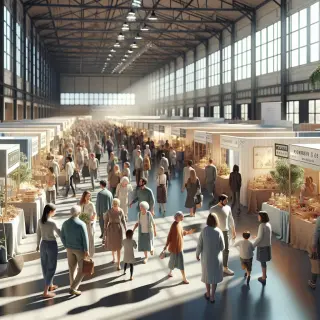 Intérieur d’une foire régionale avec stands et visiteurs de tous âges dans une grande salle lumineuse.