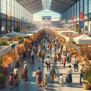Large indoor fair in Rennes with sunlight, visitors exploring booths from artisans and food vendors, bustling but friendly atmosphere