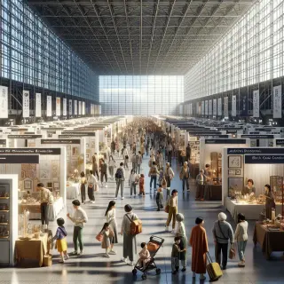 Large, sunlit exhibition hall with visitors walking among booths for home, food, wellness, and crafts at the Foire de Rennes.