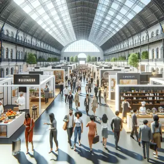 Modern exhibition hall with well-lit stalls, exhibitors talking to visitors, cooking workshop in the background, and a friendly, lively atmosphere.