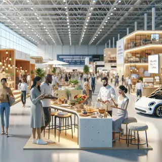 Modern fair with home decor displays, culinary tasting booth, electric vehicles, wellness areas, and visitors exploring in a bright, realistic exhibition hall.
