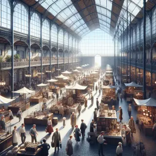 Modern indoor fair with natural daylight, people exploring home and craft stalls, vendors interacting, and visible workshop signage in a lively, welcoming atmosphere.