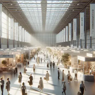 Morning scene in a well-lit exhibition hall with a few visitors exploring stands for home decor and food, relaxed atmosphere, spacious and organized layout.
