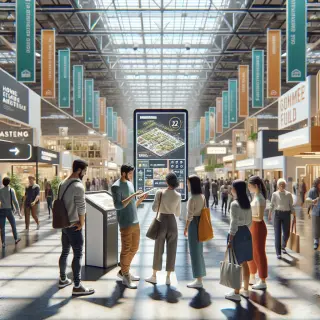 People consulting a digital floor plan at a spacious, well-lit indoor exhibition hall with several decorated booths and clear signage.