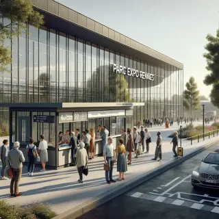 People queuing at the entrance of Parc Expo Rennes, some waiting by a public transport stop and a carpooling area, on a clear day.