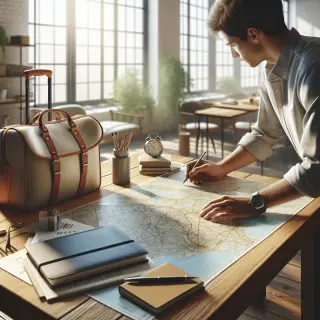 Personne préparant son parcours à une table, avec plan, sac à roulettes, carnet, et lumière naturelle entrant par la fenêtre