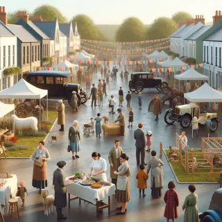 Place animée avec stands culinaires, ateliers enfants, mini-ferme, exposition de voitures anciennes et foule de visiteurs sous une lumière naturelle