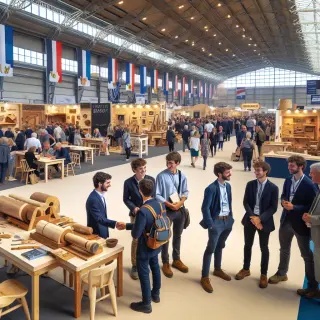 Professionnels et visiteurs échangent à un stand lors d'une foire en Bretagne, ambiance dynamique et conviviale, décoration sobre typique d'un événement commercial régional.