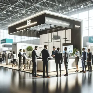 Professionnels et visiteurs discutant dans un stand moderne lors d’un salon au parc des expositions, ambiance lumineuse et organisée.