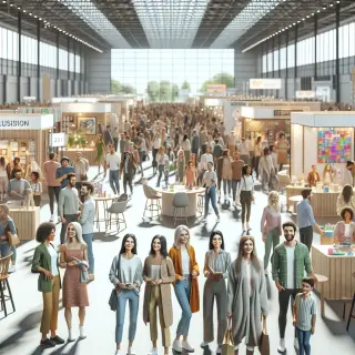 Rassemblement convivial à une foire commerciale avec stands, exposants et visiteurs, animations et ambiance festive dans un grand hall lumineux.