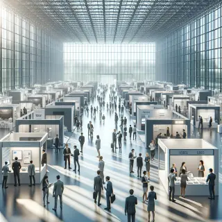 Salle d’exposition animée, exposants discutant avec des visiteurs autour de stands professionnels, éclairage naturel, ambiance conviviale et professionnelle.