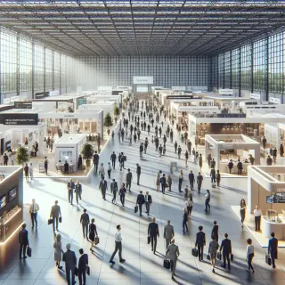 Salle d'exposition spacieuse au parc Expo de Rennes, avec de nombreux stands, des visiteurs circulant parmi les exposants et une ambiance animée et professionnelle.