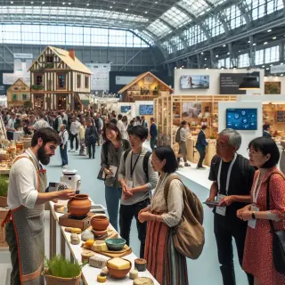 Salle de foire avec stands d’artisanat, de gastronomie locale et d’innovations technologiques, artisans et visiteurs en interaction, ambiance conviviale et lumineuse.