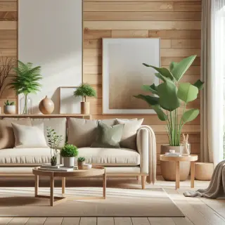 Salon contemporain lumineux avec mobilier en bois clair, canapé beige, plantes vertes et décor épuré, ambiance chaleureuse.