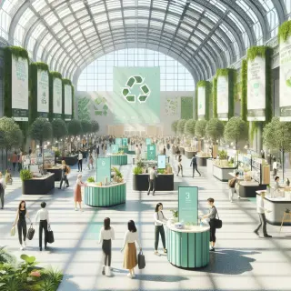 Salon d'exposition avec stands écoresponsables, visiteurs et exposants échangeant dans une ambiance lumineuse et conviviale.
