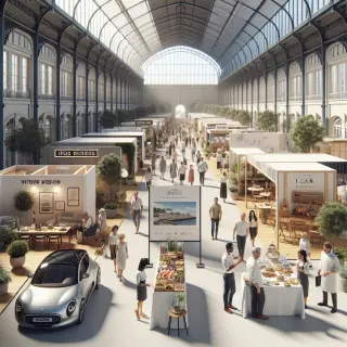 salon intérieur avec stands d’ameublement, gastronomie, voitures et espace bien-être, visiteurs discutant et explorant dans une ambiance lumineuse