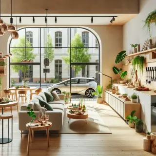 Salon moderne lumineux avec matériaux naturels, plante verte, baie vitrée donnant sur voiture électrique et espace cuisine avec produits régionaux