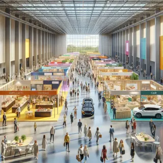 Salon professionnel animé avec divers stands d’exposants, visiteurs découvrant des nouveautés et des démonstrations dans une grande salle lumineuse.