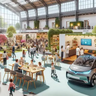 Scène animée d’un salon contemporain : stands de domotique, aménagement jardin, dégustation de produits locaux, exposition de véhicule électrique, familles et enfants à un atelier créatif dans une ambiance conviviale et lumineuse.