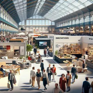 Scène animée d'une foire intérieure avec des stands de maison, gastronomie, innovations et automobiles, visiteurs déambulant dans une ambiance conviviale et lumineuse.