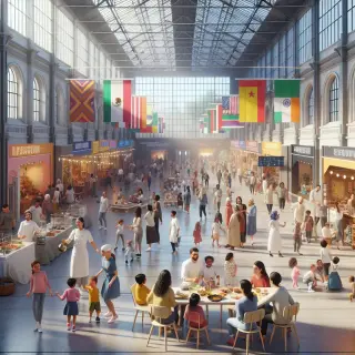 Scène animée dans une grande halle d'exposition avec des familles, stands à thème, démonstration culinaire, animation pour enfants et petit concert