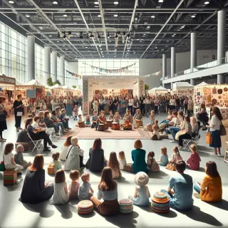 Scène de foire animée avec public, artistes sur scène, ateliers pour enfants et stands artisanaux sous une lumière naturelle dans un hall d’exposition.