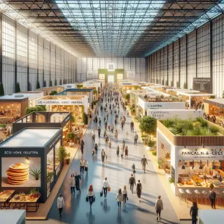 Scène photoréaliste d'une foire intérieure animée, avec des stands de maison, de produits locaux et internationaux, quelques visiteurs et une ambiance conviviale.