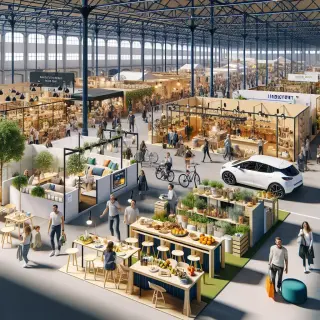 Scène photoréaliste d'une grande foire intérieure à Rennes avec zones habitat, gastronomie, mobilité, et loisirs, visiteurs déambulant entre les différents stands