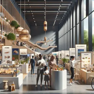 Scène réaliste dans un hall d’exposition, avec familles visitant des stands variés pour la maison, la gastronomie, les loisirs et le bien-être sous une lumière naturelle.