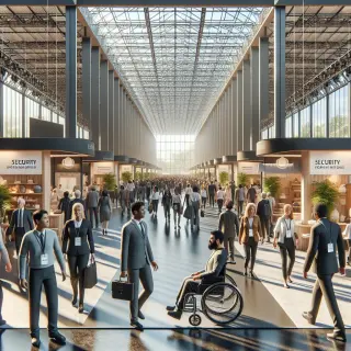 Spacious and bright exhibition hall during a spring fair with wide aisles, several visitors walking or in a wheelchair, modern stands, accessible layout, and natural daylight.