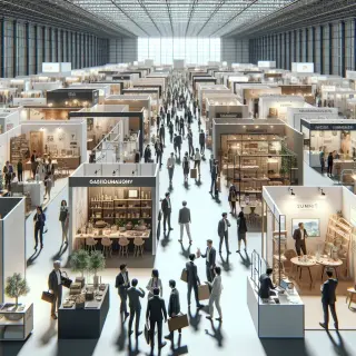 Stands d’entreprises locales et d’artisans dans un hall d’exposition lumineux avec visiteurs et exposants en pleine discussion